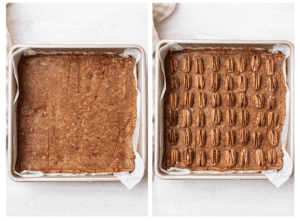 The date layer spread over the chocolate cookie layer, and the cookie bars topped with pecan halves.